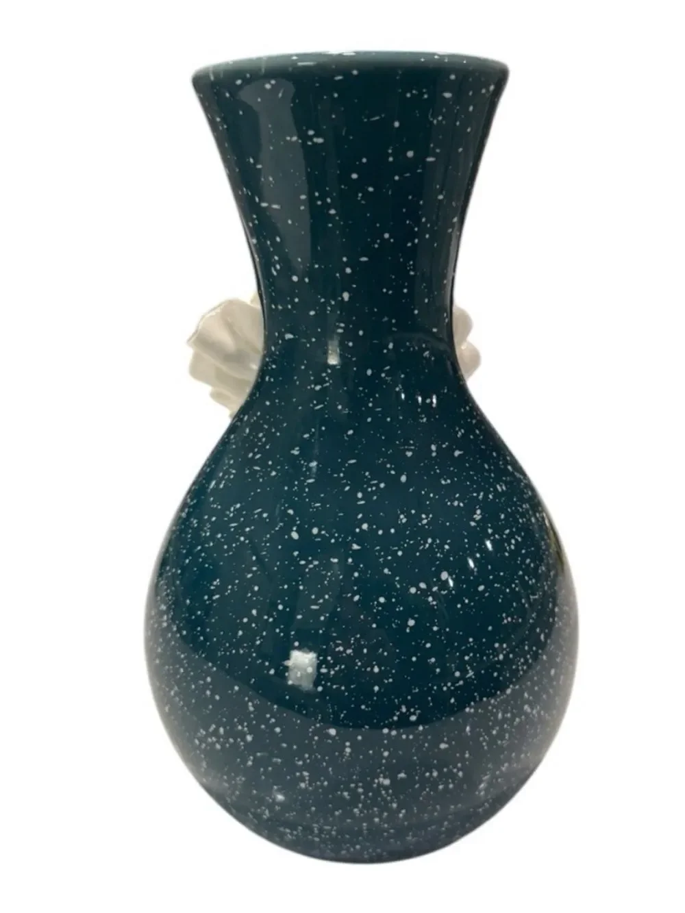 Anthropologie Speckled Dark Teal Vase With Large 3D White Flower 8 Inches Tall